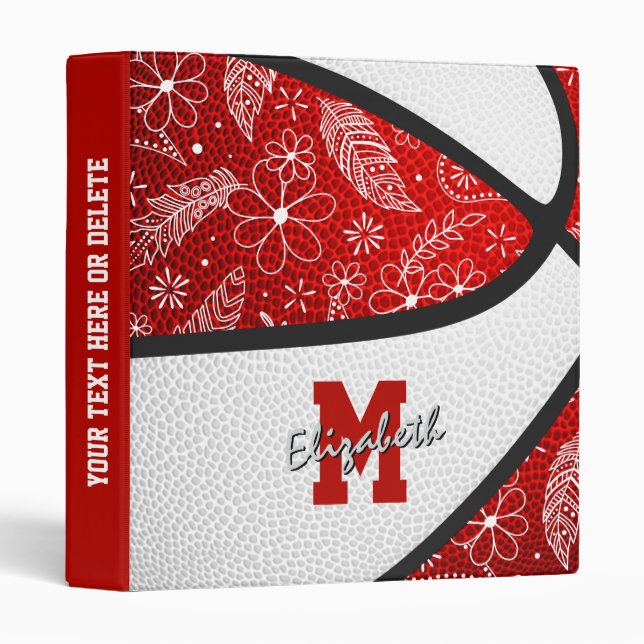 Girly doodle pattern red white basketball binder (Front/Spine)