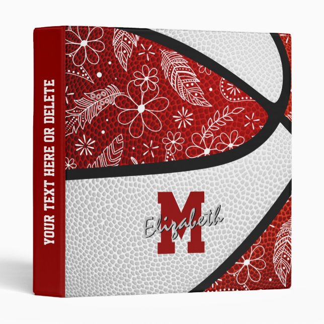 Girly doodle pattern red white basketball binder (Front/Spine)