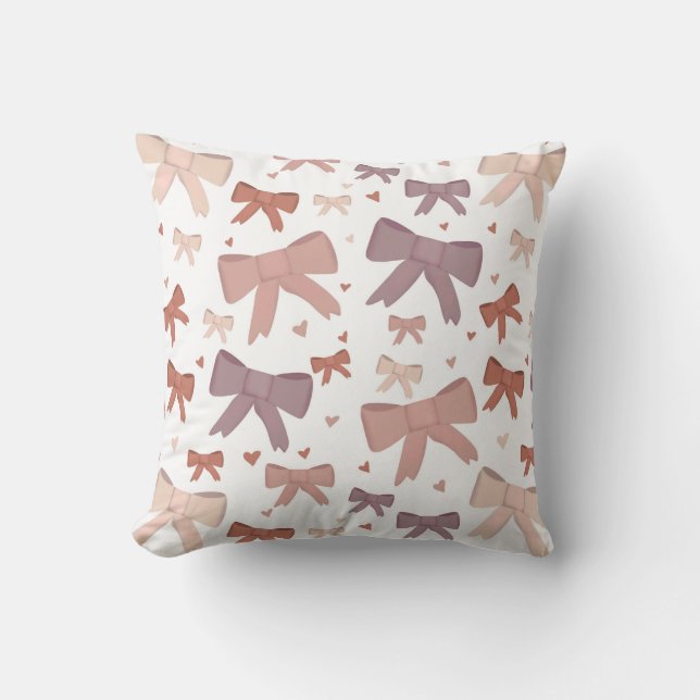 Girly Dusty Pink Bows And Little Hearts Pattern Throw Pillow (Front)
