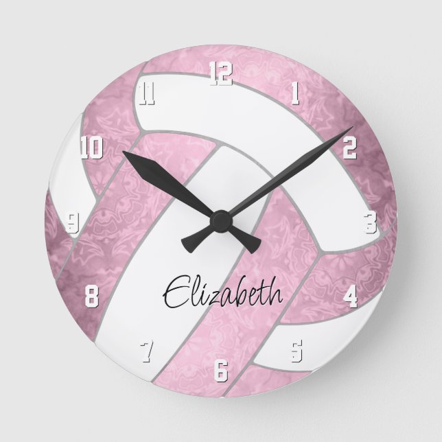 girly dusty pink custom sports gifts volleyball ro round clock (Front)
