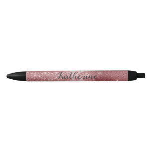 Girly Dusty Pink Rose Gold Diamond Monogram Name Black Ink Pen