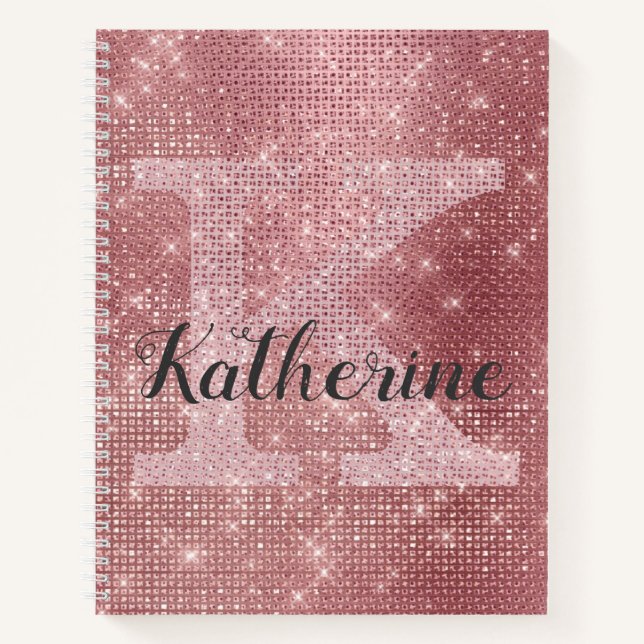 Girly Dusty Pink Rose Gold Sparkle Monogram Name Notebook (Front)