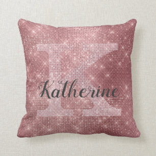 Girly Dusty Pink Rose Gold Sparkle Monogram Name Throw Pillow