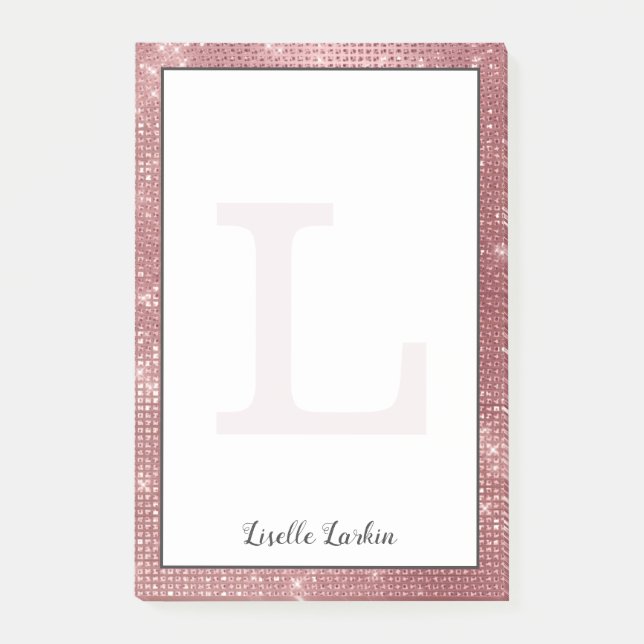 Girly Dusty Rose Gold Glam Diamond Monogram Name Post-it Notes (Front)