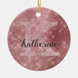 Girly Dusty Rose Gold Glam Sparkle Monogram Name Ceramic Ornament