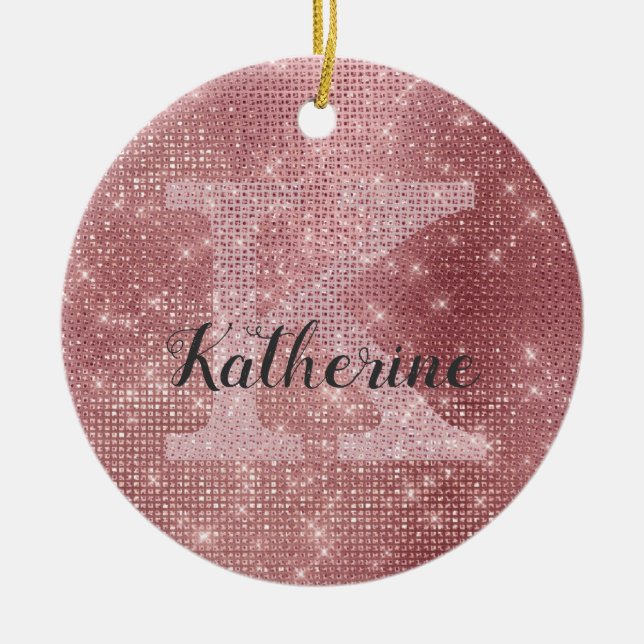 Girly Dusty Rose Gold Glam Sparkle Monogram Name Ceramic Ornament (Front)