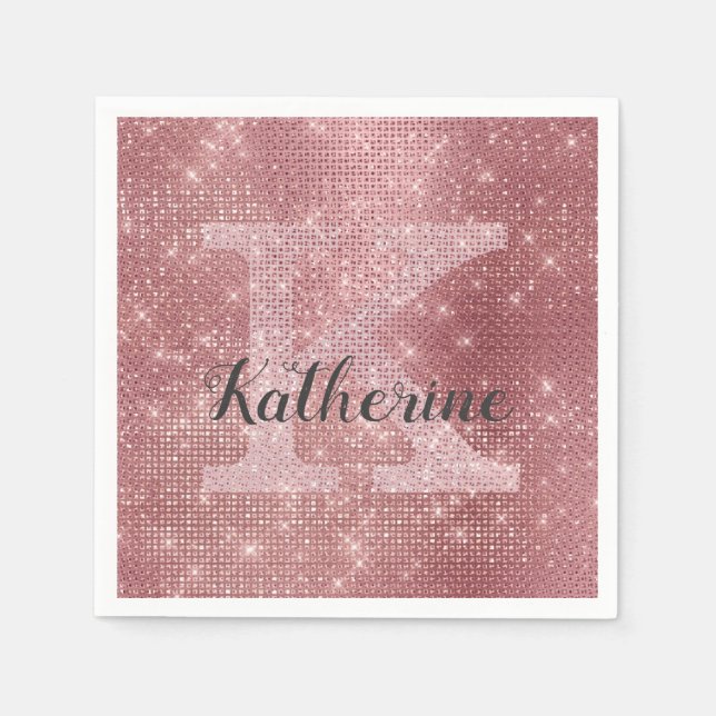 Girly Dusty Rose Gold Pink Diamond Monogram Name Napkin (Front)