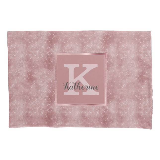 Girly Dusty Rose Gold Pink Sparkle Monogram Name Pillowcase (Front)
