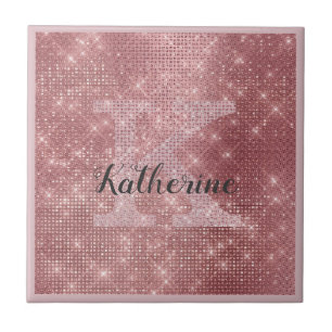 Girly Dusty Rose Gold Sparkle Glam Monogram Name Tile