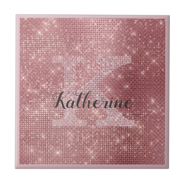 Girly Dusty Rose Gold Sparkle Glam Monogram Name Tile (Front)
