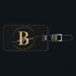 Girly Elegant Black Black Name Monogram Script Luggage Tag<br><div class="desc">Girly,  minimalist,  simple,  modern,  black and gold monogram initial name script custom personalized monogrammed luggage tag. Featuring a monogram initial and a girly name signature script in a hand-written calligraphy font with swash tails and dotted circle frame around your monogram.</div>