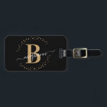Girly Elegant Black Black Name Monogram Script Luggage Tag<br><div class="desc">Girly,  minimalist,  simple,  modern,  black and gold monogram initial name script custom personalized monogrammed luggage tag. Featuring a monogram initial and a girly name signature script in a hand-written calligraphy font with swash tails and dotted circle frame around your monogram.</div>