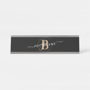 Girly Elegant Black Gold Name Monogram Script Desk Name Plate