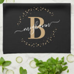 Girly Elegant Black Gold Name Monogram Script Kitchen Towel<br><div class="desc">Girly, elegant, modern, black and gold monogram initial name script custom personalized monogrammed kitchen towel. Featuring a monogram initial and a girly name script in a hand lettered calligraphy swash tail font and dotted circle frame around your monogram. Perfect feminine gift for sister, mother, girlfriend, birthday, wedding, bridal shower, sweet...</div>