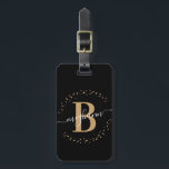 Girly Elegant Black Gold Name Monogram Script Luggage Tag<br><div class="desc">Girly,  minimalist,  simple,  modern,  black and gold monogram initial name script custom personalized monogrammed luggage tag. Featuring a monogram initial and a girly name signature script in a hand-written calligraphy font with swash tails and dotted circle frame around your monogram.</div>