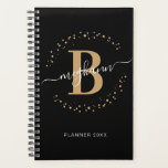 Girly Elegant Black Gold Name Monogrammed Planner<br><div class="desc">Girly, modern, trendy, elegant, black and gold monogram initial name script custom personalized monogrammed 2024 or any year planner. Featuring a monogram initial and a girly name script in a hand lettered calligraphy swash tail font and dotted circle frame around your name. Perfect feminine gift for girlfriend, sister, mother, birthday,...</div>