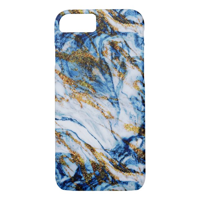 Girly Elegant Blue Gold Marble Blingy Chic Case-Mate iPhone Case (Back)