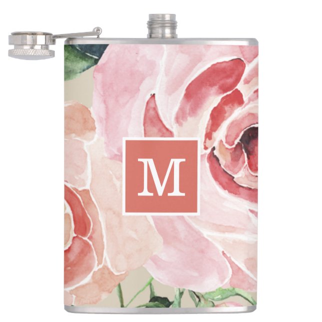 Girly Elegant Floral Watercolor Monogrammed Flask (Opened)