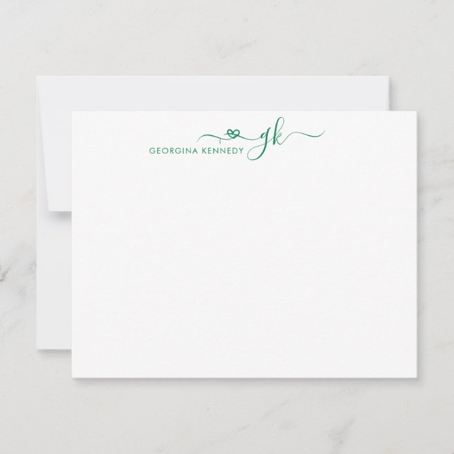 Girly Elegant Heart Script 2 Monogram Forest Green Card (Front)