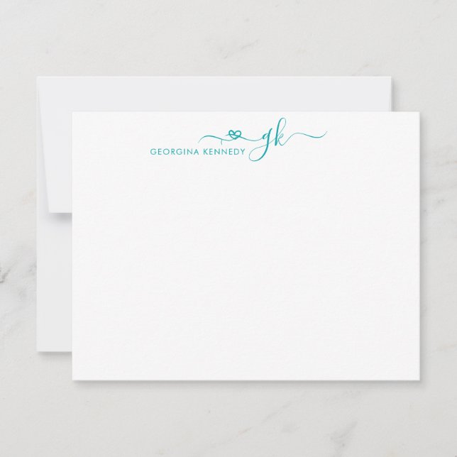 Girly Elegant Heart Script 2 Monogram Teal Green Card (Front)