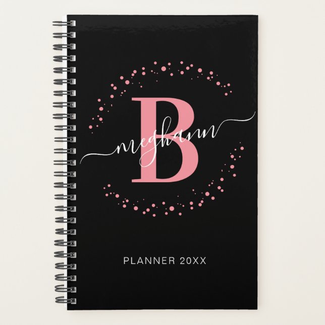 Girly Elegant Pink Black Name Monogrammed 2023 (Devant)
