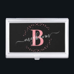 Girly Elegant Pink Black Name Monogrammed Script Business Card Holder<br><div class="desc">Girly, modern, elegant, trendy, pink and black, white monogram initial name script custom personalized monogrammed business card case. Featuring a monogram initial and a girly name script in a hand lettered calligraphy swash tail font and dotted circle frame around your monogram. Perfect feminine gift for girlfriend, sister, mother, birthday, wedding,...</div>