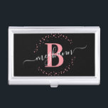 Girly Elegant Pink Black Name Monogrammed Script Business Card Holder<br><div class="desc">Girly, modern, elegant, trendy, pink and black, white monogram initial name script custom personalized monogrammed business card case. Featuring a monogram initial and a girly name script in a hand lettered calligraphy swash tail font and dotted circle frame around your monogram. Perfect feminine gift for girlfriend, sister, mother, birthday, wedding,...</div>