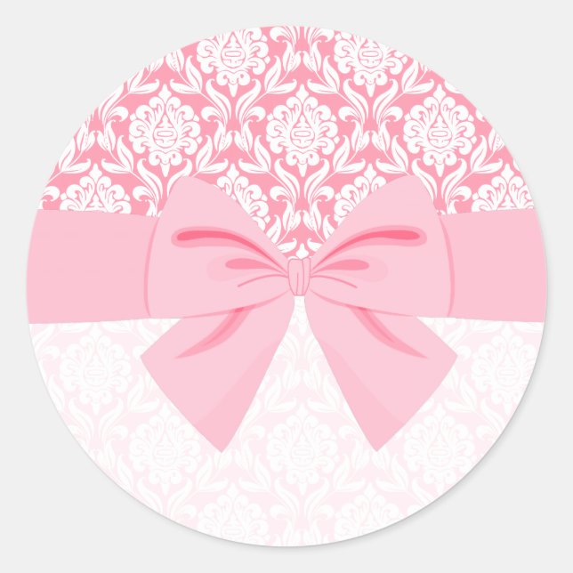 Girly Elegant Pink Damask Wrap Bow Classic Round Sticker (Front)
