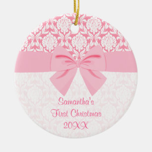Girly Elegant Pink Damask Wrap Bow First Christmas Ceramic Ornament