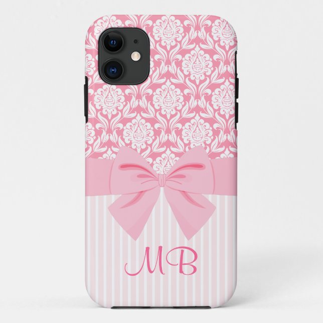 Girly Elegant Pink Damask Wrap Bow Monogram Case-Mate iPhone Case (Back)