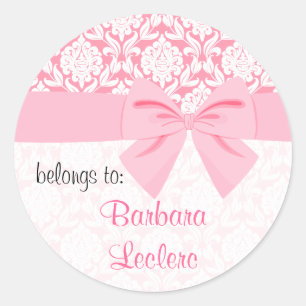 Girly Elegant Pink Damask Wrap Bow Personalized Classic Round Sticker