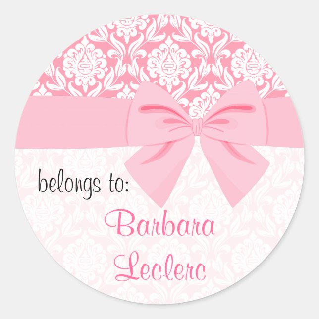 Girly Elegant Pink Damask Wrap Bow Personalized Classic Round Sticker (Front)