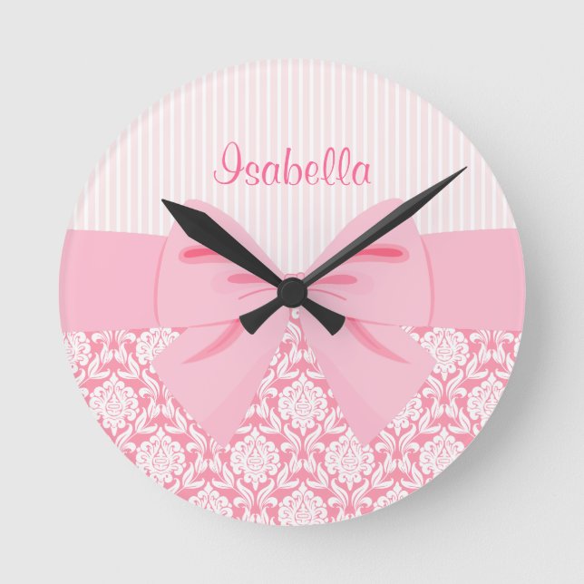 Girly Elegant Pink Damask Wrap Bow Personalized Round Clock (Front)