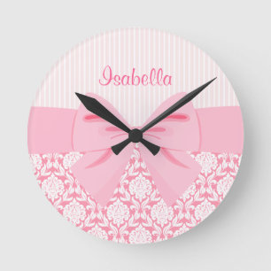 Girly Elegant Pink Damask Wrap Bow Personalized Round Clock