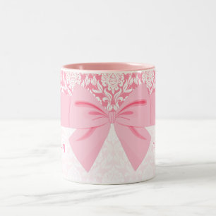 Girly Elegant Pink Damask Wrap Bow Personalized Two-Tone Coffee Mug