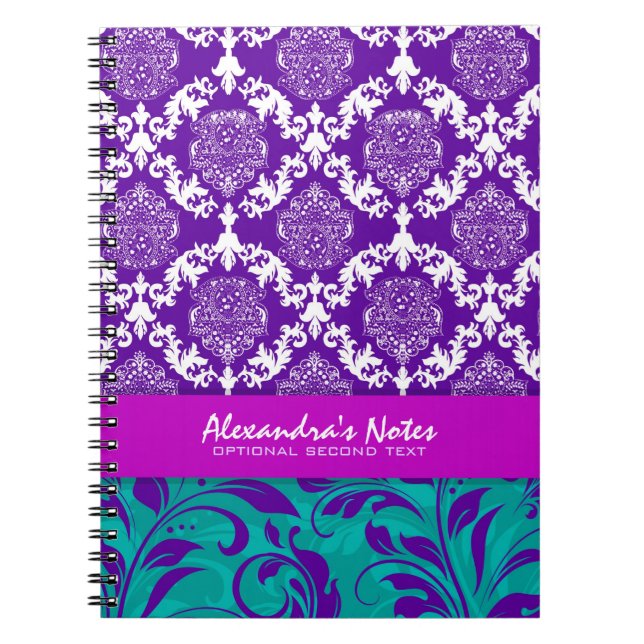 Girly Elegant Purple & Greene Floral Damasks Notebook (Front)