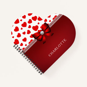 Girly Elegant Red Heart, Red Ribbon Custom Name Notebook