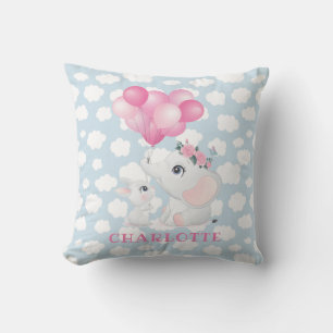 Girly Elephant And Bunny with Flowers and Balloon Outdoor Pillow