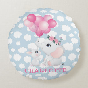 Girly Elephant And Bunny with Flowers and Balloon Round Pillow