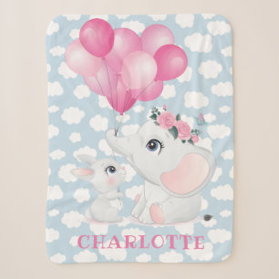 Girly Elephant And Bunny with Flowers and Balloon Sherpa Blanket