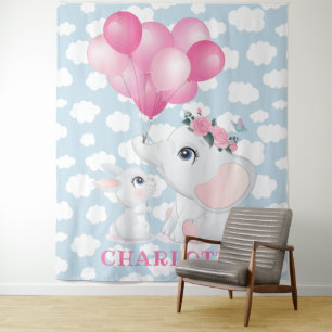 Girly Elephant And Bunny with Flowers and Balloon Tapestry