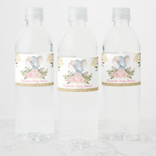 Girly Elephant Baby Shower Blush Pink Floral Water Bottle Label