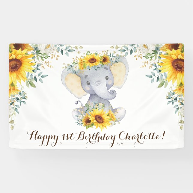 Girly Elephant Rustic Sunflowers Happy Birthday Banner (Horizontal)
