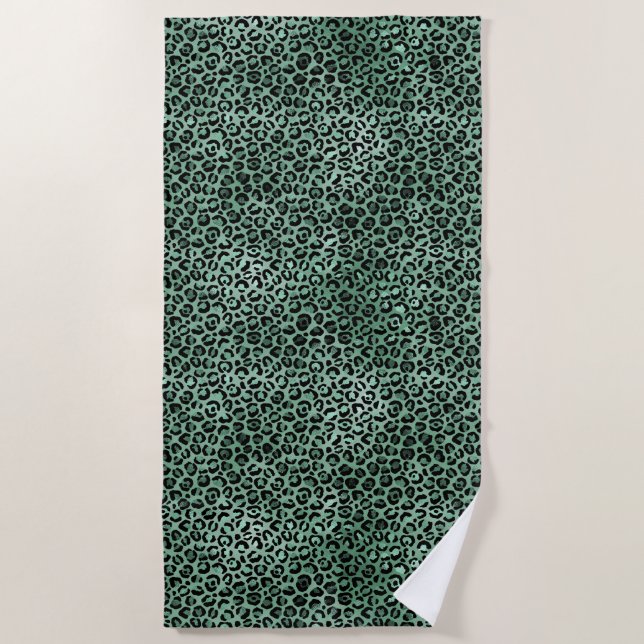 Girly Emerald Green Glam Leopard Print Beach Towel (Front)
