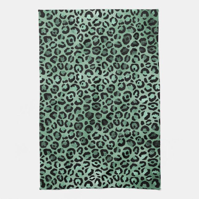 Girly Emerald Green Glam Leopard Print     Kitchen Towel (Vertical)