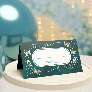 Girly Emerald Green Gold 15 Years Old Butterflies Place Card