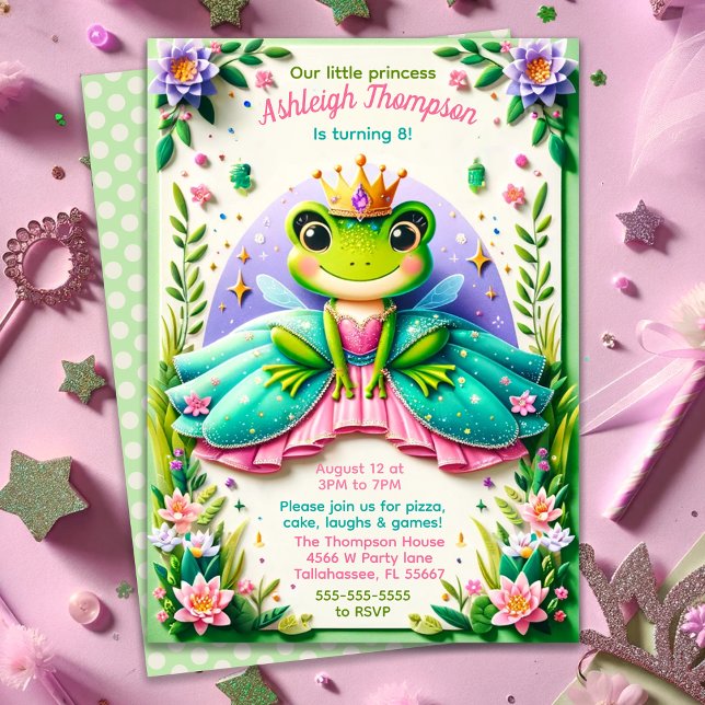 Girly Fairy Tale Frog Princess Birthday Party Invitation (Creator Uploaded)
