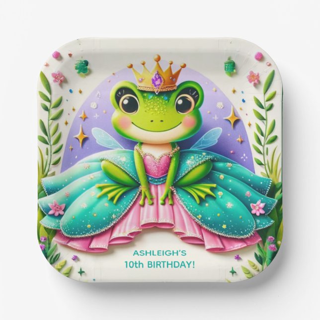 Girly Fairy Tale Frog Princess Birthday Party Paper Plate (Front)