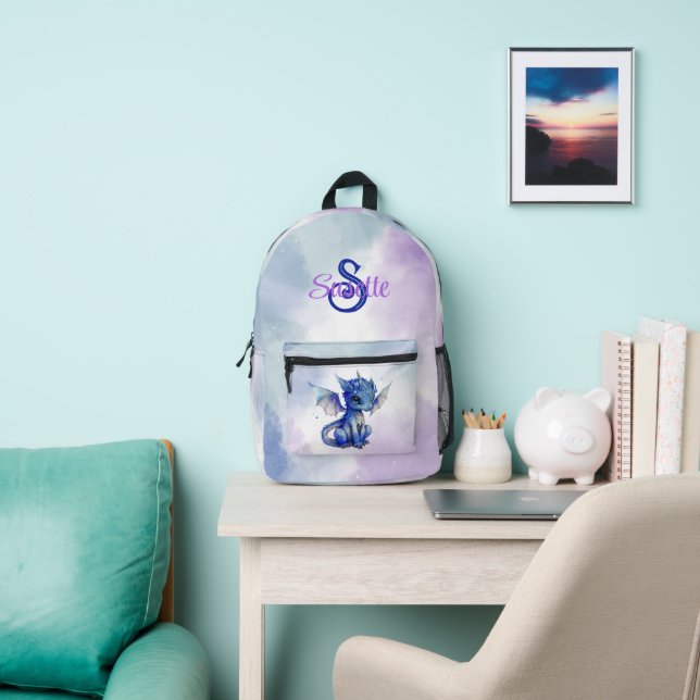 Girly Fantasy Blue Baby Dragon Personalized Printed Backpack (Insitu)