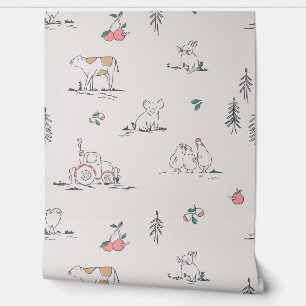 Girly Farm Animal Toile (Pink, Off-White) Wallpaper